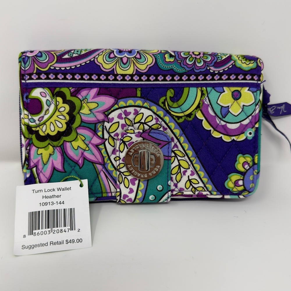 Vera Bradley Turn Lock Wallet Heather Paisley Quilted Cotton Purple